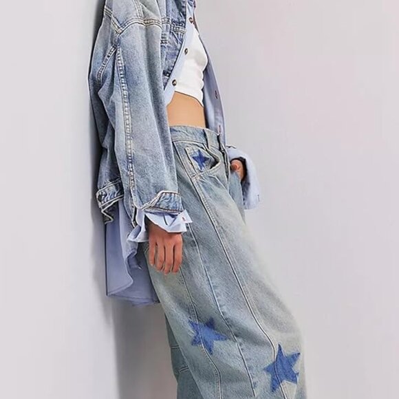 Astronomy Domain Star Printed Boyfriend Retro Horseshoe Jeans Light Blue - Picture 8 of 9